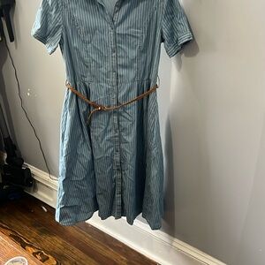 Blue and White Buttoned Tie Front Midi Dress